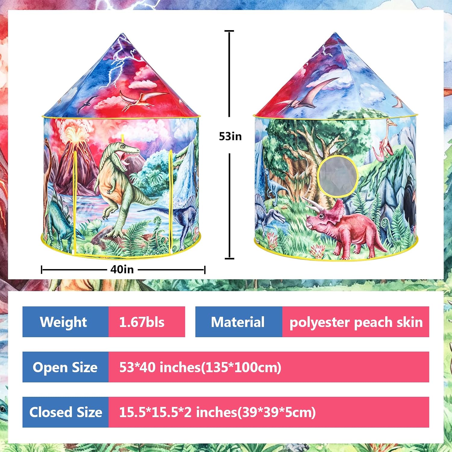 Dinosaur Kids Play Tent for Toddlers Boys Girls Ages 3-8, Dino Toys Indoor Outdoor Fort, Foldable Playhouse for Role Play, Reading Nook image 2