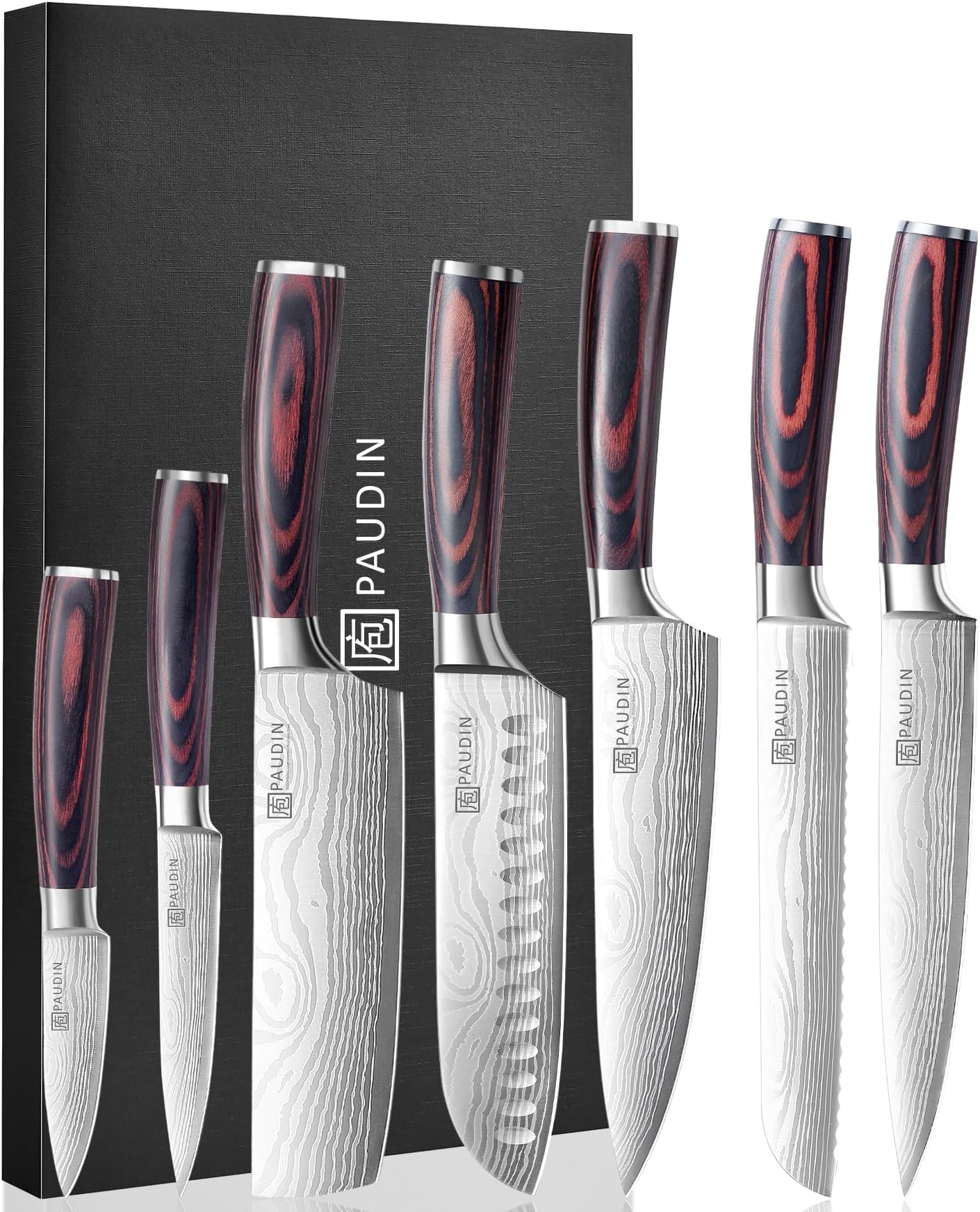 Knife Set, 7-Piece Kitchen Knives Set with High Carbon Stainless Steel, Professional Japanese Knife Set with Pakkawood Handle, Kitchen Knives with Gift Box
