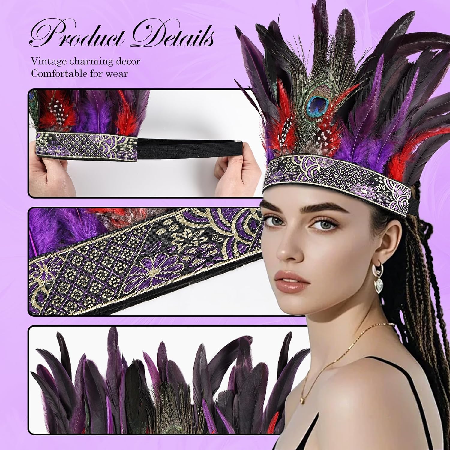 Peacock Feather Fascinator Decorative Feather Headpiece Crown Headdress Costume Headband for Party - Image 5