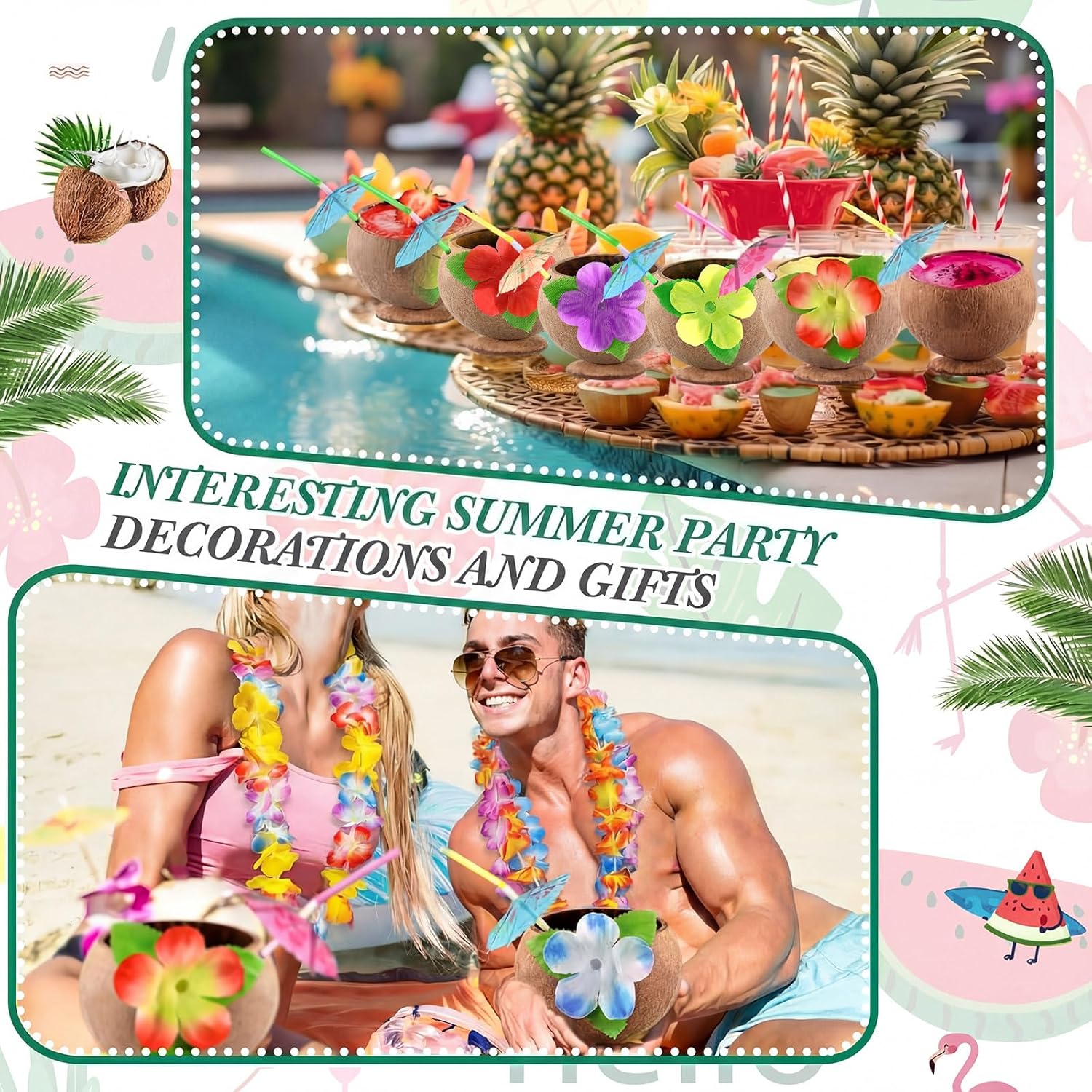 Yungyan 10 Pcs Hawaiian Coconut Cups and Hawaiian Leis Set with Natural 10oz Tiki Bowls, and Umbrella Straws for Luau Party Supplies, Tropical Beach Decorations, Summer Events