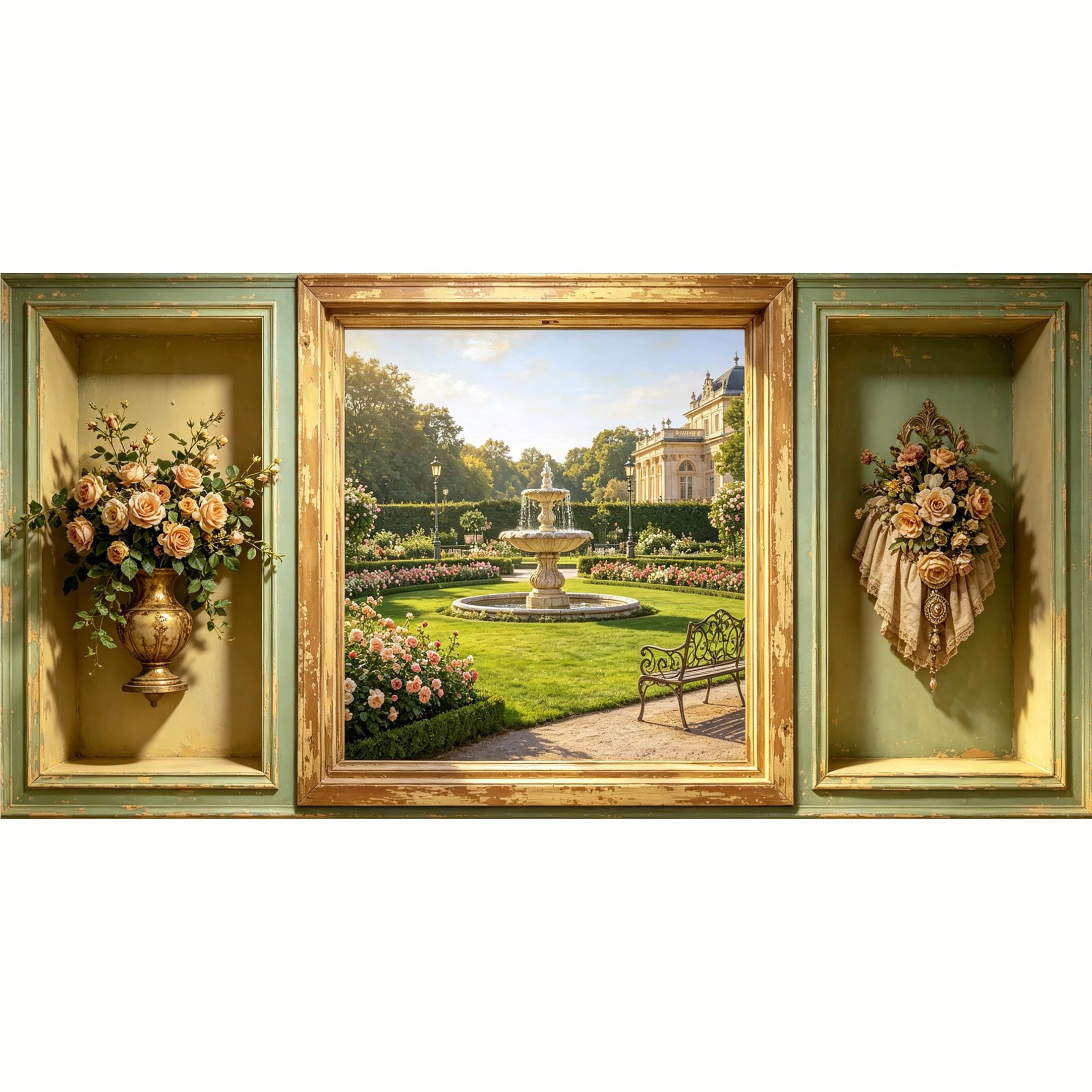 QZLITHOTIC 50x100cm 3D Framed Wall Art， Neoclassical European Garden Fountain Landscape Self‑Adhesive Mural， Water‑Activated Peel & Stick Fabric Decor Wall Decal for Bedroom Living Room