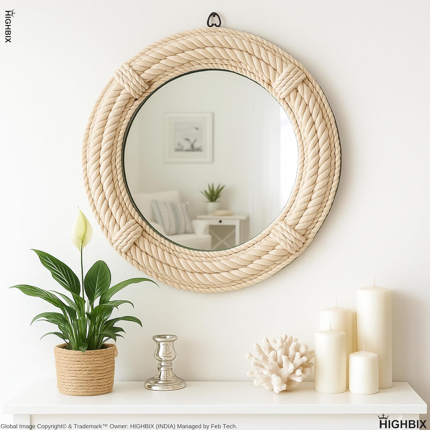 HIGHBIX Jute Rope Mirror with Natural Rope Finish Hanging Mirror for Bathroom, Bedroom, Living Room & Entryway – Handmade Nautical Coastal Decor with Black & Natural Jute Frame (Style 2)