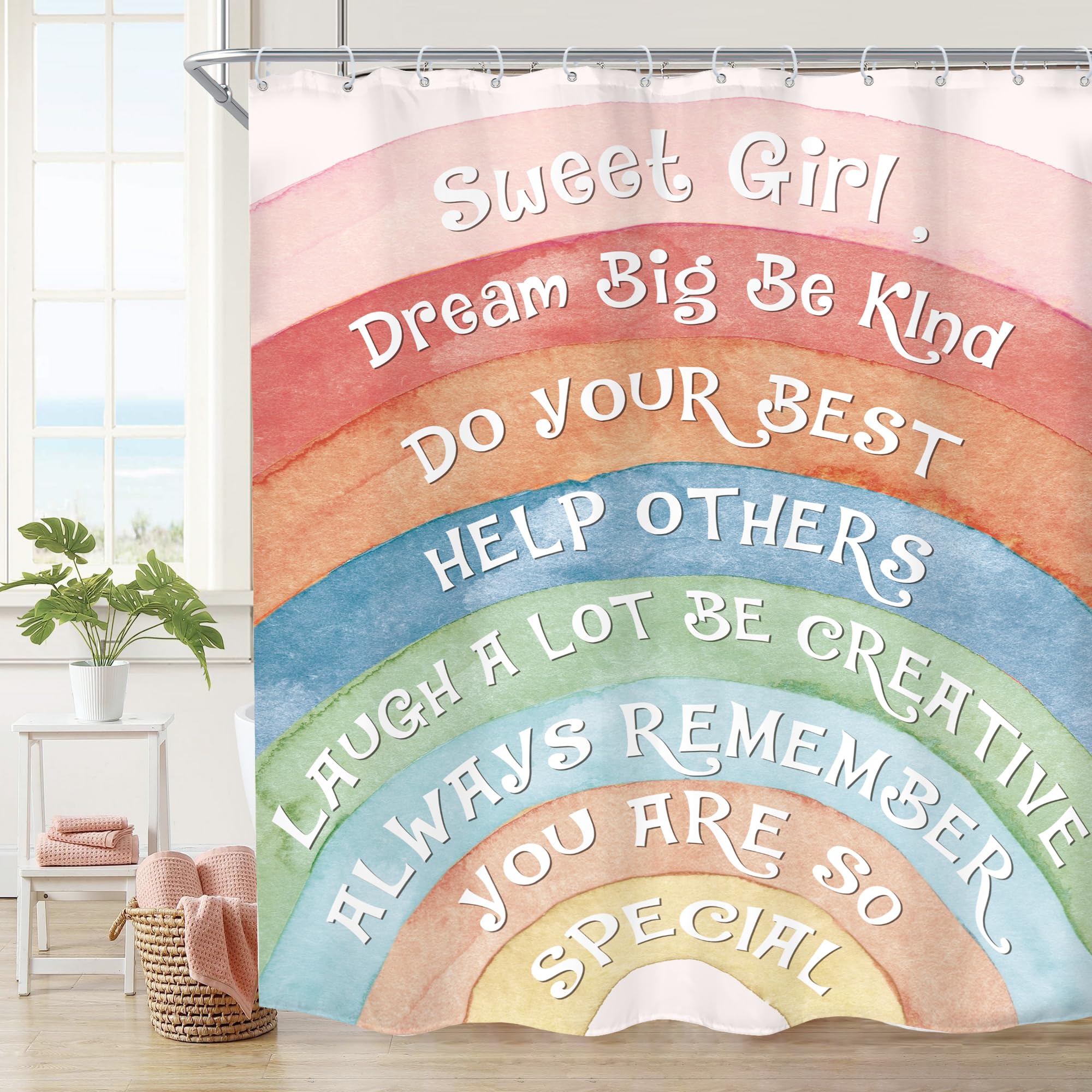 Imirell Kids Rainbow Quotes Shower Curtain 60Wx72H Inches Boho Inspirational Quotes Motivational Positive Sweet Girl Colorful Cartoon for Teens Fabric Waterproof Polyester with 12 Pack Hooks Plastic
