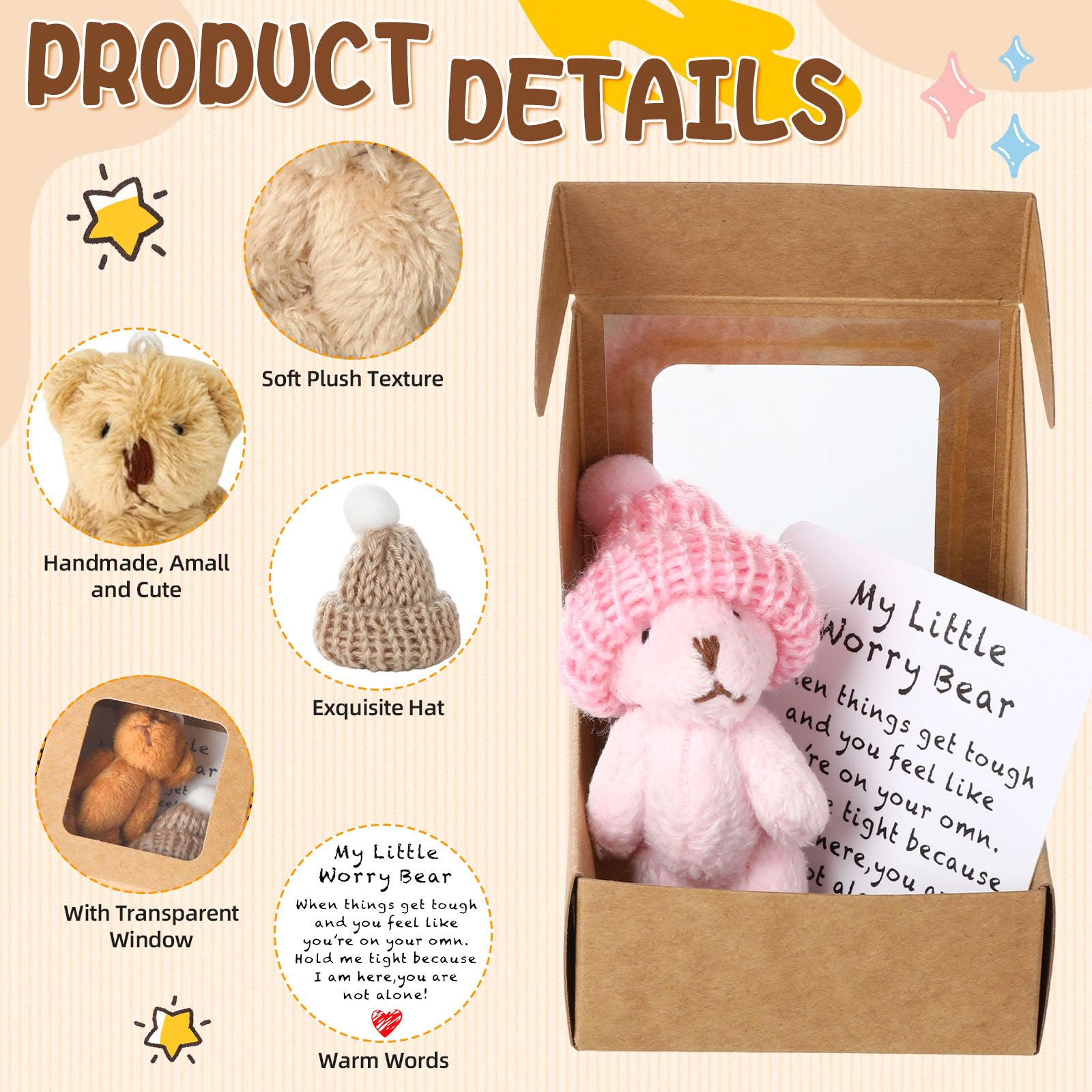 FAMCUCHE 5 Pcs My Little Worry Bear in a Box, Plush Pocket Bear with Inspirational Card and Hats - Image 3