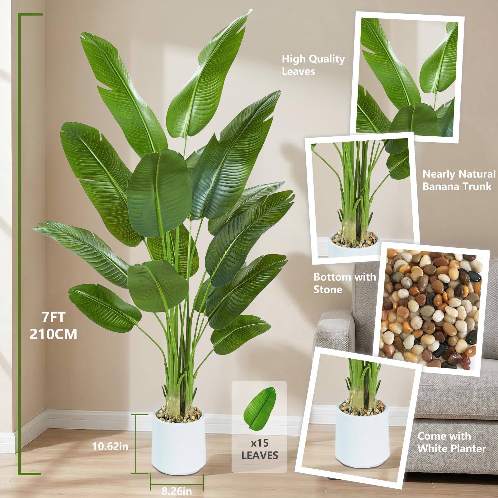 Plante Artificielle Oiseau de Paradis 210cm - Grande Plantes Bananier Artificielle Interieur avec Pot Blanc, Fausses Arbre Artificiel Parfaites pour Décoration d'Intérieur de Bureau ou Salon ou Maison