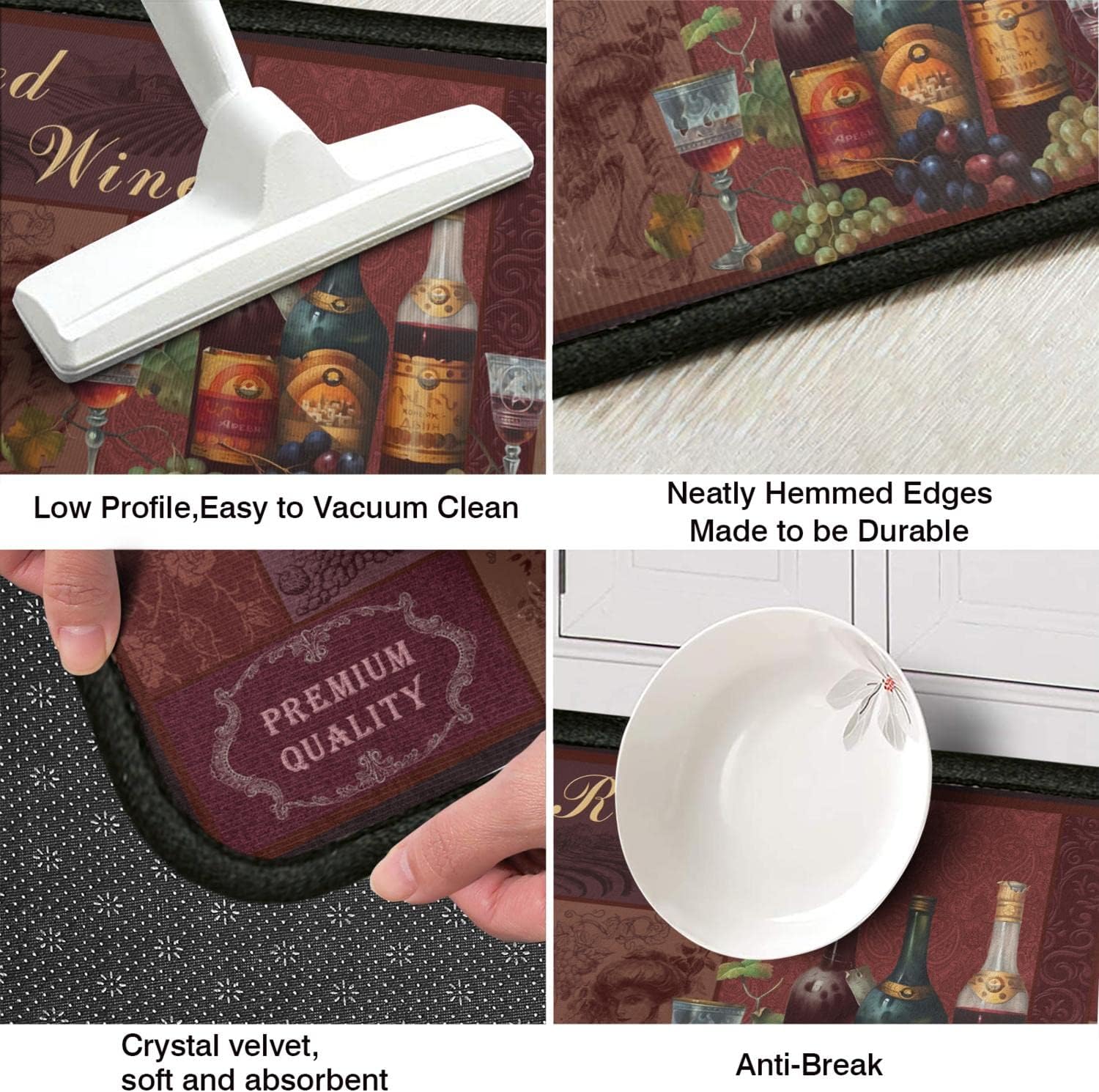 2 Piece Red Wine Kitchen Rug Set, Wine Glasses Kitchen Rugs and Mats Non Skid Washable Absorbent Microfiber Kitchen Floor Decor Mat 17"x47"+17"x30"