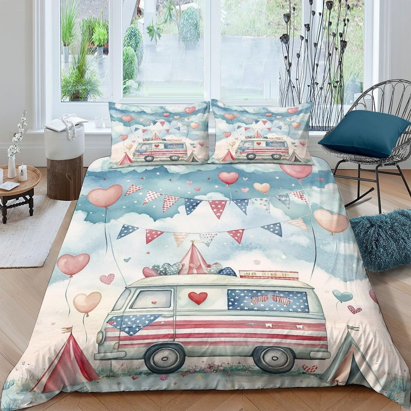 Ctjqhvkz Style-1 3D Printed Campervan Love Fitted Sheet Microfiber Soft Heart Balloon Mattress Cover For Bedroom Dorm Decor Single（135X200cm）