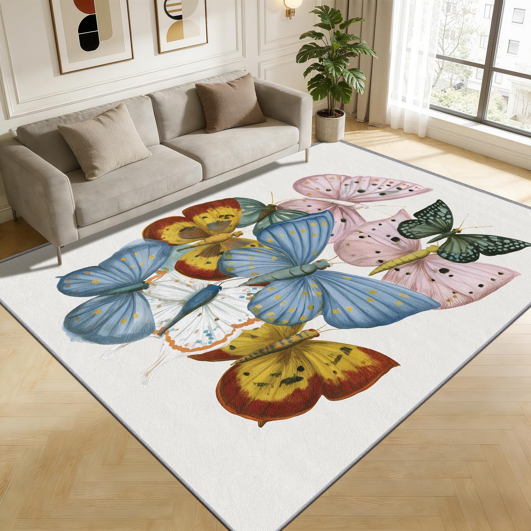 TerroVee Butterfly Rugs Living Room Large 200x300 - Colourful Butterflies Bedroom Rug, Multicoloured Insect Washable Non Slip Low Pile Carpet, Butterfly Home Decor