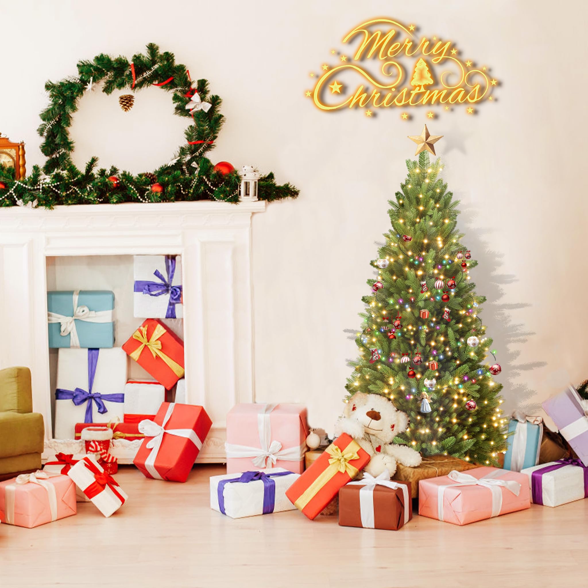 FIVMEN Weihnachtsbaum Künstlich mit Beleuchtung 150 cm PVC/PE Tannenbaum Christbaum Naturgetreu mit Holzsockel Weihnachtsbäume Christmas Tree Weihnachtsdeko