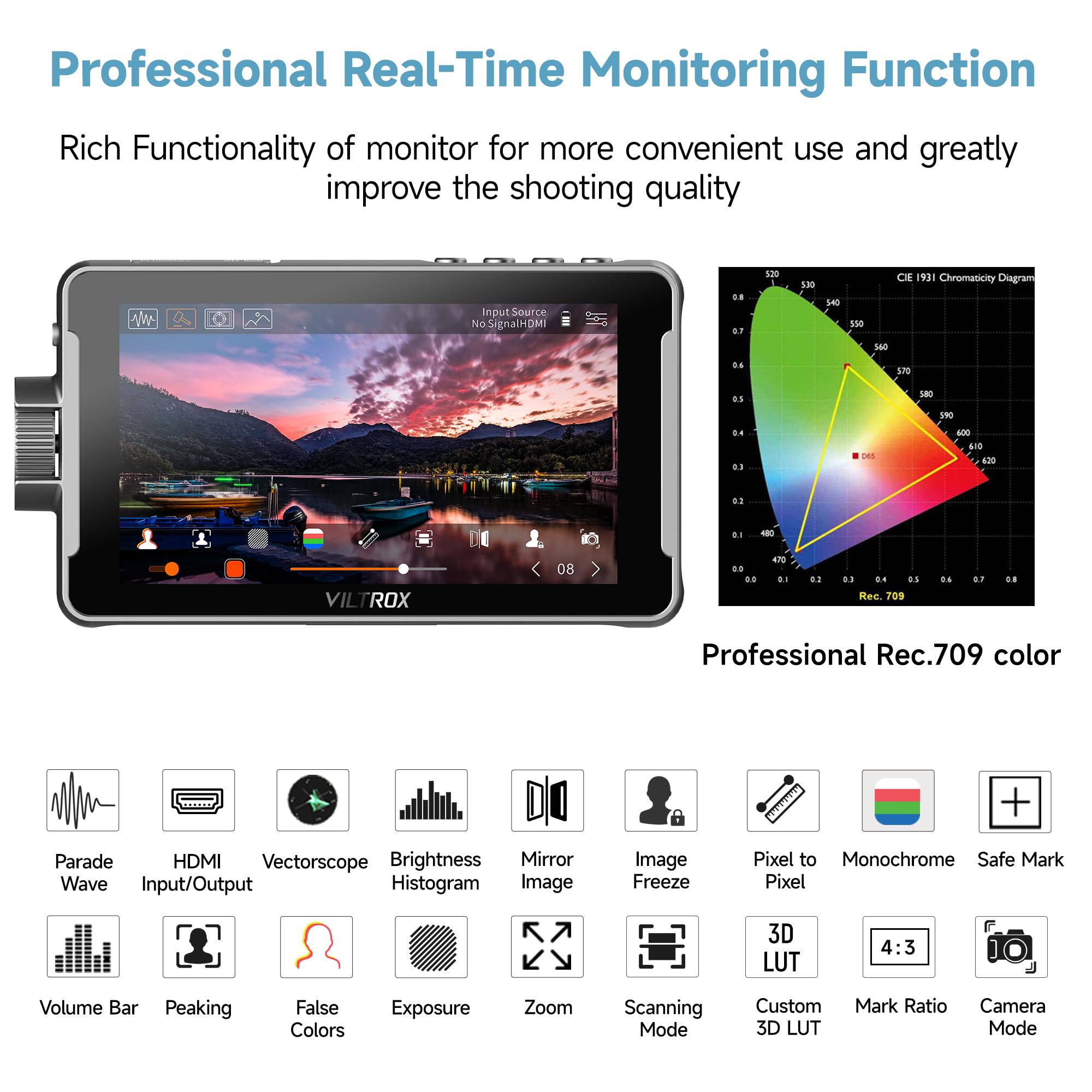 VILTROX DC-550 Monitor Da Campo 5.5 pollici 1200Nit Camera Field Monitor 4K HDMI HD 1920x1080 IPS, 3D LUT Waveform Vector Scope Monitor Esterno Fotocamera Video Monitor con Touchscreen