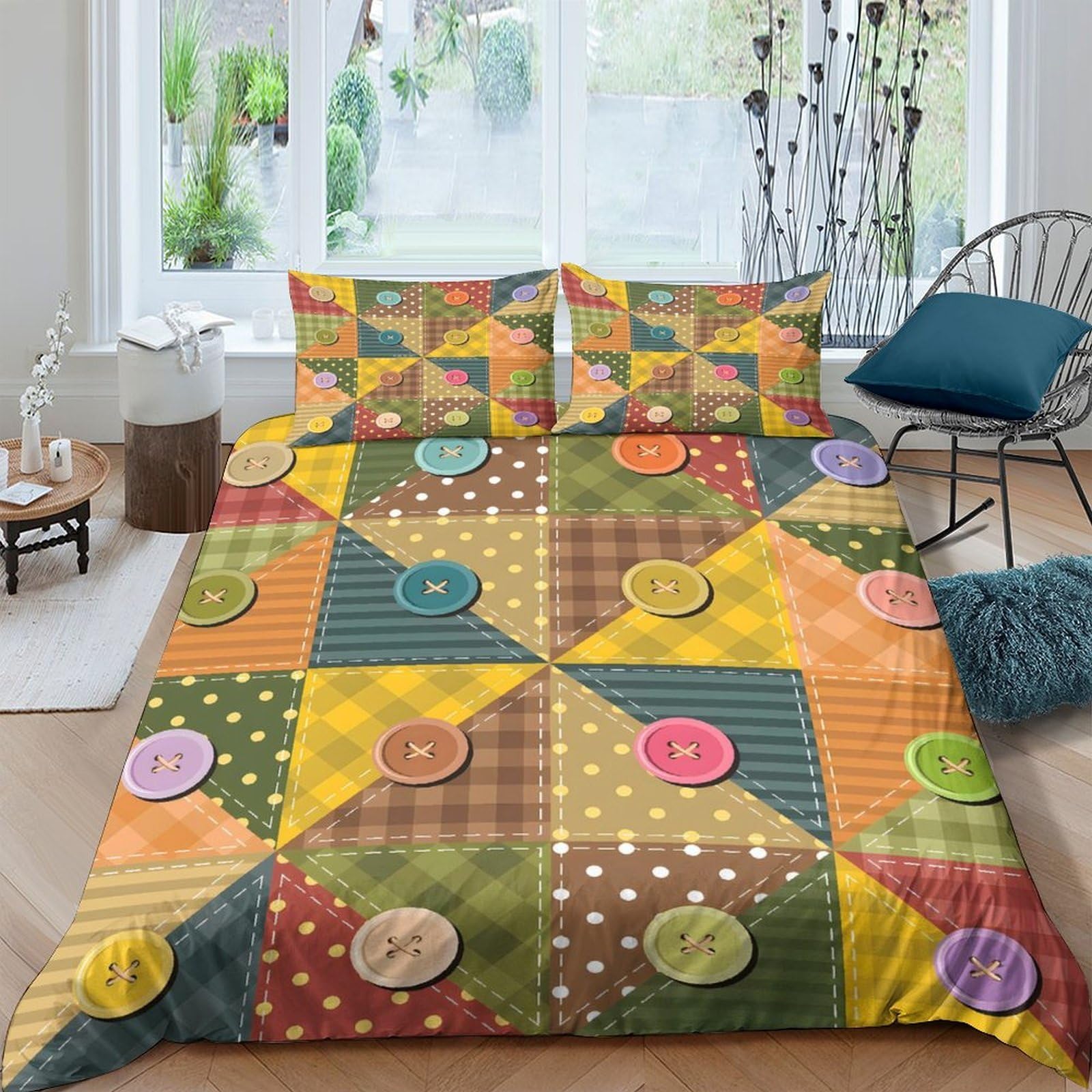 Ctjqhvkz Style-1 3D Printed Patchwork Quilt Pattern Fitted Sheet Microfiber Soft Anti-Slip Colorful Button Bed Cover For Bedroom Guest Room Easy Care Single（135X200cm）