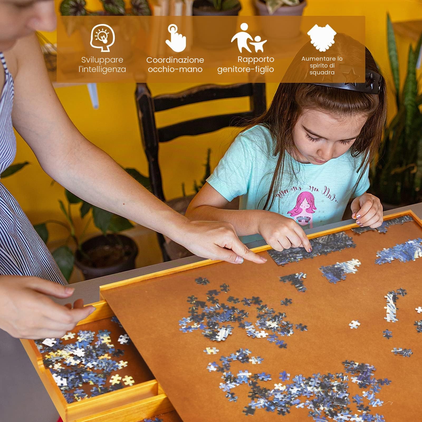 HOMASIS Tavolo Puzzle in Legno, Tavola Puzzle Board Gioco da Tavolo con 4 Cassettti per 1000-1500 PCS, 80 x 65 x 7 cm