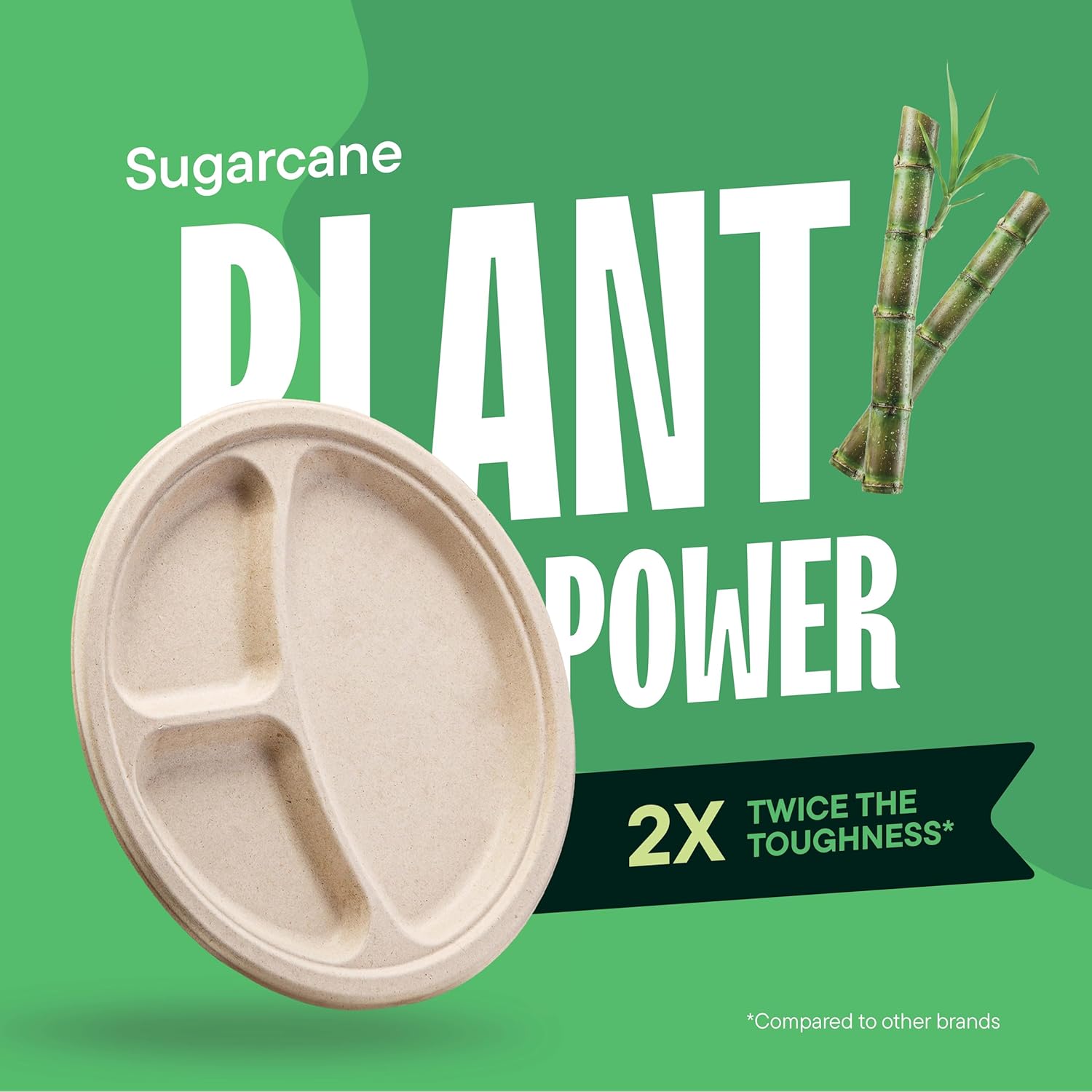 100% Compostable, 3 Compartment, Disposable Paper Plates [125-Pack] - {PFAS Free} - {BPA Certified} - [10 Inch] Heavy Duty Biodegradable Bagasse Sectional Lunch Trays + Dividers - Divided Platte Tray - Image 5