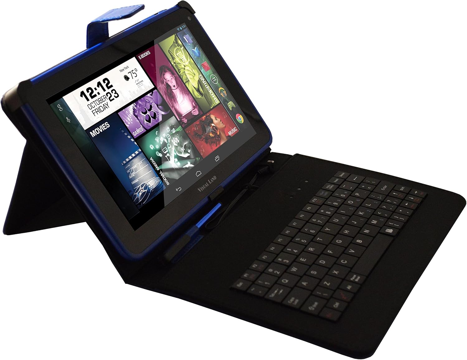 Prestige ELITE 7Q-KC tablet inserted into its matching blue keyboard case, viewwidziane z kąta.