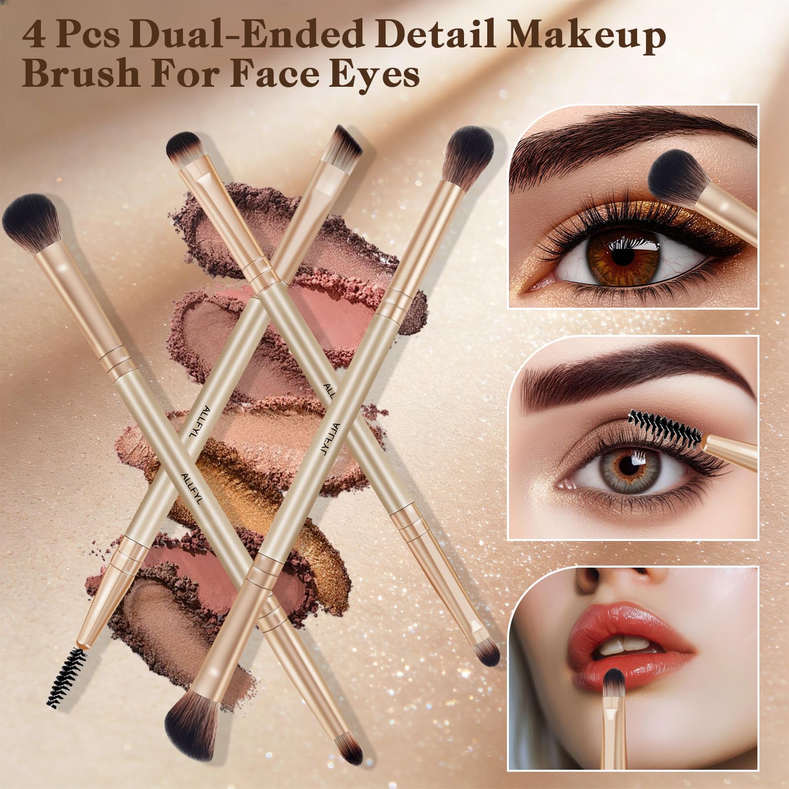 Set 6 Pennelli Doppi Trucco Professionali, Champagne, Pennello Fondotinta incluso, Pennelli Make Up per Viso Contour Occhi Labbra, Confezione Regalo da Viaggio per Donne