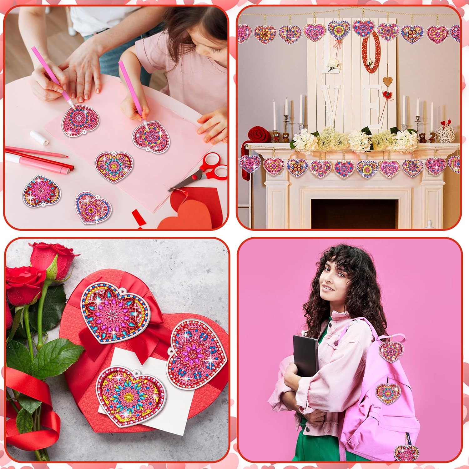 Ferreve 28 Pcs Valentine's Day Diamond Painting Keychain Kits Double Sided DIY Heart Diamond Art Keychain Ornaments for Adults Romantic Gem Key Ring Art Pendant Decor Crafts Accessories Gifts