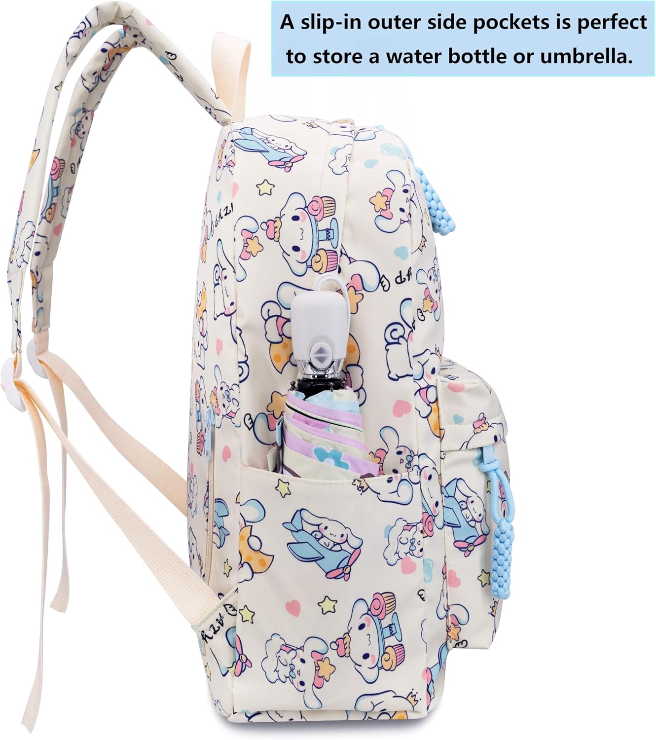 Roffatide Anime 18L Cinnamoroll Backpack Casual Daypack Cute Cartoon Backpack Lovely Travel Overnight Bag Kawaii Backpack with Keychain Beige, Medium, ZLRBG18301