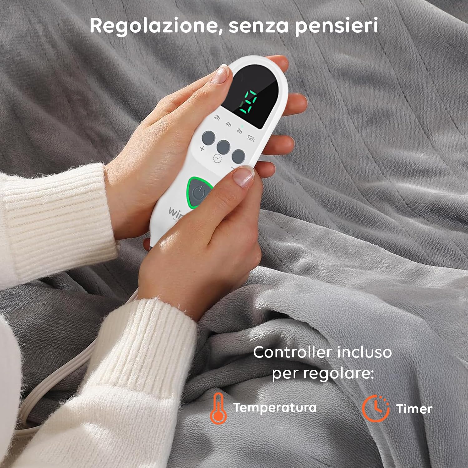 Wintem - Coperta Termica Elettrica Fluffy con 8 Livelli di Temperatura Termocoperta Maxi 160x120 cm in Flanella per Letto e Divano
