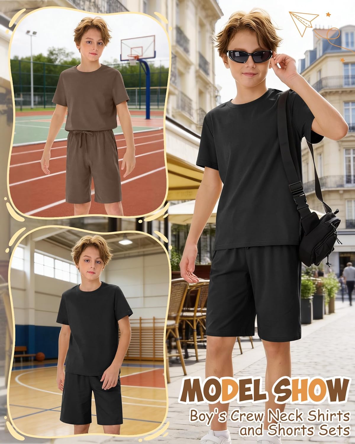 2 Pack Boy's 2 Piece Outfits Crew Neck Shirts and Shorts Sets Summer Casual Clothes 5-14 Years