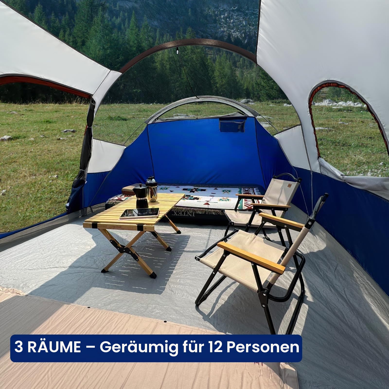 CAMPROS CP Familienzelt für bis zu 12 Personen, Großes Tunnelzelt mit 3 Schlafkabinen, 183 cm Stehhöhe & Großem Wohnbereich, Wasserdichtes Campingzelt mit Moskitonetzen und Tragetasche