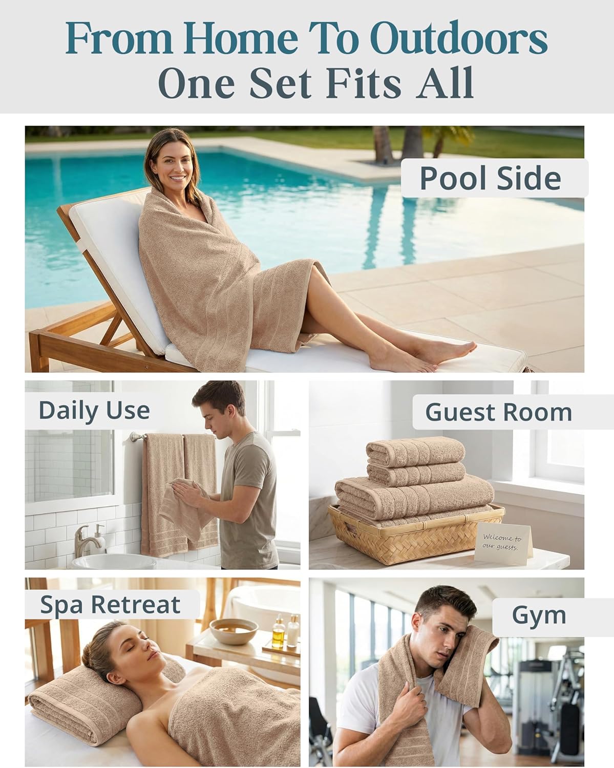 Casa Platino 100% Luxury Cotton Bathroom Towel Set 8 Pcs - Super Soft & Highly Absorbent - 2 Bath, 4 Washcloths, 2 Hand Towels for Bathroom - Oeko TEX Certified, Fade Resistant, Luxury Look - Beige - Image 7