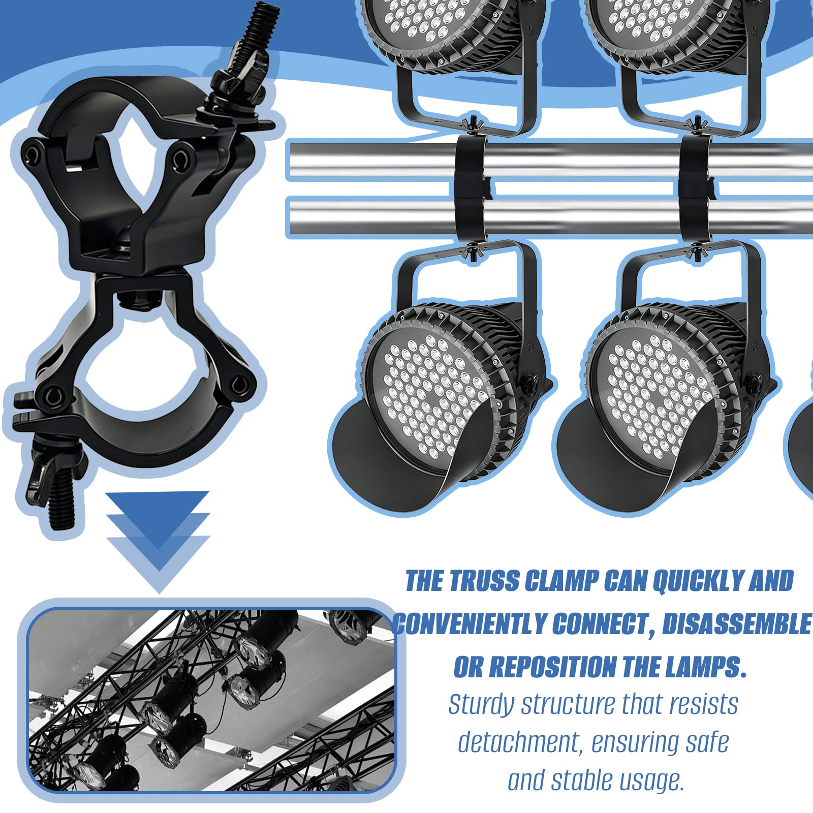 Abrazadera para Luces de Escenarios, 4Pcs Dual Truss Clamp de Aleación de Aluminio 48-52mm Giratorio Doble Gancho Truss Garras Truss Ganchos Abrazaderas deTubo Capacidad de 100 kg