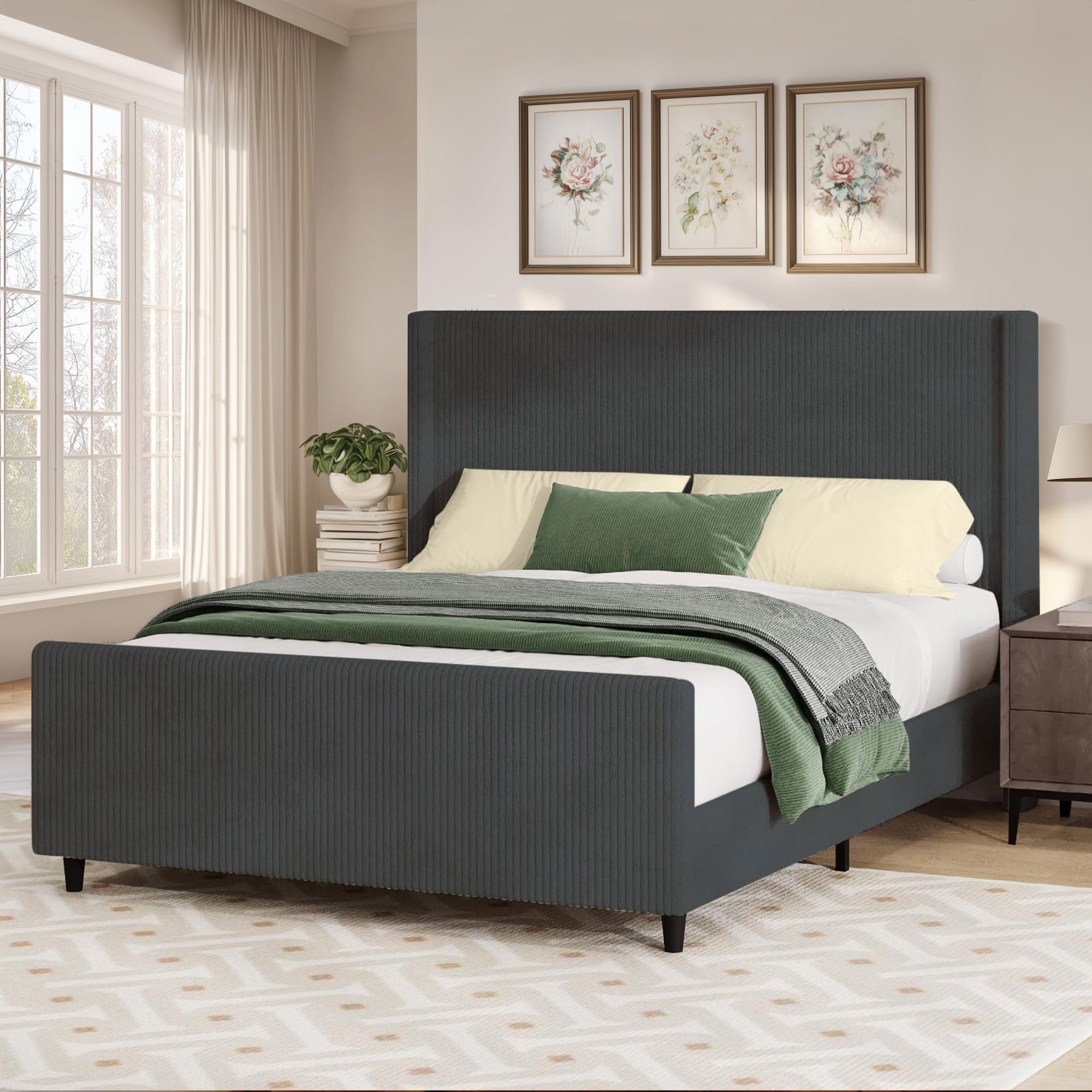 King Size Platform Bed Frame, Modern Upholstered Corduroy Bed Frame with Wingback Headboard, Tufted Vertical Stripe and Wooden Slats Support, No Box Spring Need, Easy Assembly (Dark Grey, King)