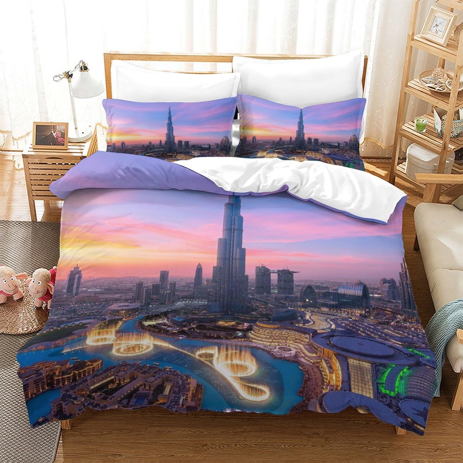 LILIlaobiao Burj Khalifa Warmth to Sleep Comforter Cover Hidden Zipper Dubai Duvet Cover Set with Pillowcases Bedding Set Soft Microfiber Luxury Quilt Cover Set Double（200x200cm）