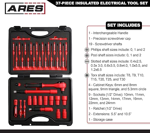 Miniatura 2 de ARES 19004-Juego de herramientas eléctricas aisladas de 37 piezas, mango ergonómico con 19 tamaños de destornillador y 4 llaves de gabinete,