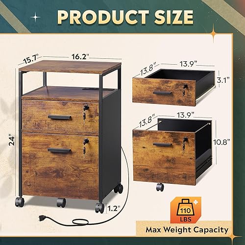 Miniatura 3 de DEVAISE Archivador de 2 cajones con cerradura y estación de carga, archivador de madera para tamaño A4 o carta, soporte de impresora móvil con
