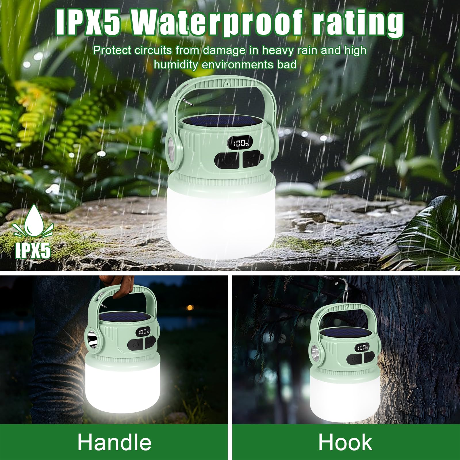 Lámpara Camping Solar Recargable 2400mAh LED Super Brillante IPX5 Impermeable