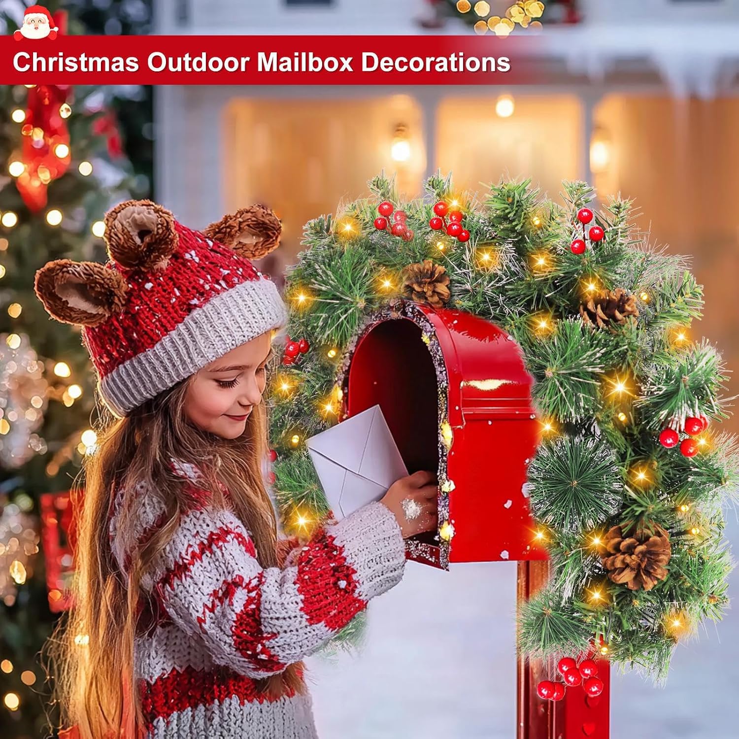 3 Ft Artificial Christmas Mailbox Swag, Pre-lit Mailbox Christmas Decorations with 30 Warm White & Multicolored LED Lights Red Berry Clusters Pinecones 8 Lightmodes Timer for Xmas Holiday Home Decor