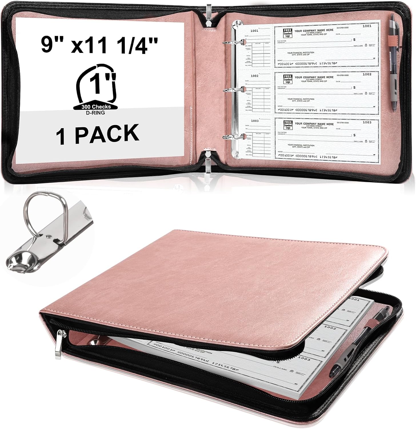 3 Rings Check Binder with Zipper PU Leather 1 Inch D Ring Business Check Holder 9" x11 1/4" Checkbook Organizer for 300 Receipts 3 or 9 Holes Checks End Stub Deskbook Checks (Rose Gold)