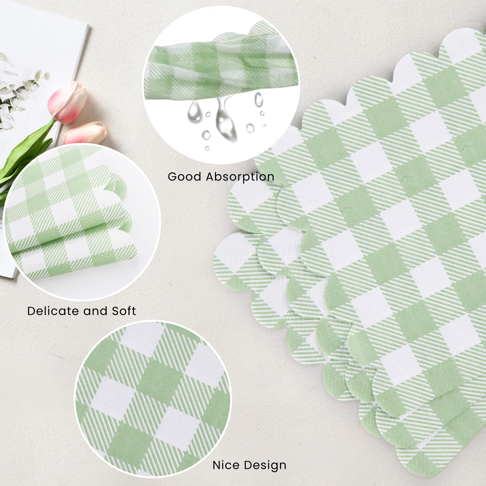 100 servilletas festoneadas verdes, servilletas a cuadros de 5 x 5 pulgadas, servilletas desechables de cóctel para bodas, fiestas de cumpleaños, baby shower, picnic
