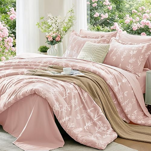 Miniatura 36 de MUXHOMO - Juego de ropa de cama en una bolsa tamaño Queen de 7 piezas, diseño reversible de flores botánicas, juego de edredón ultra suave y Hojas