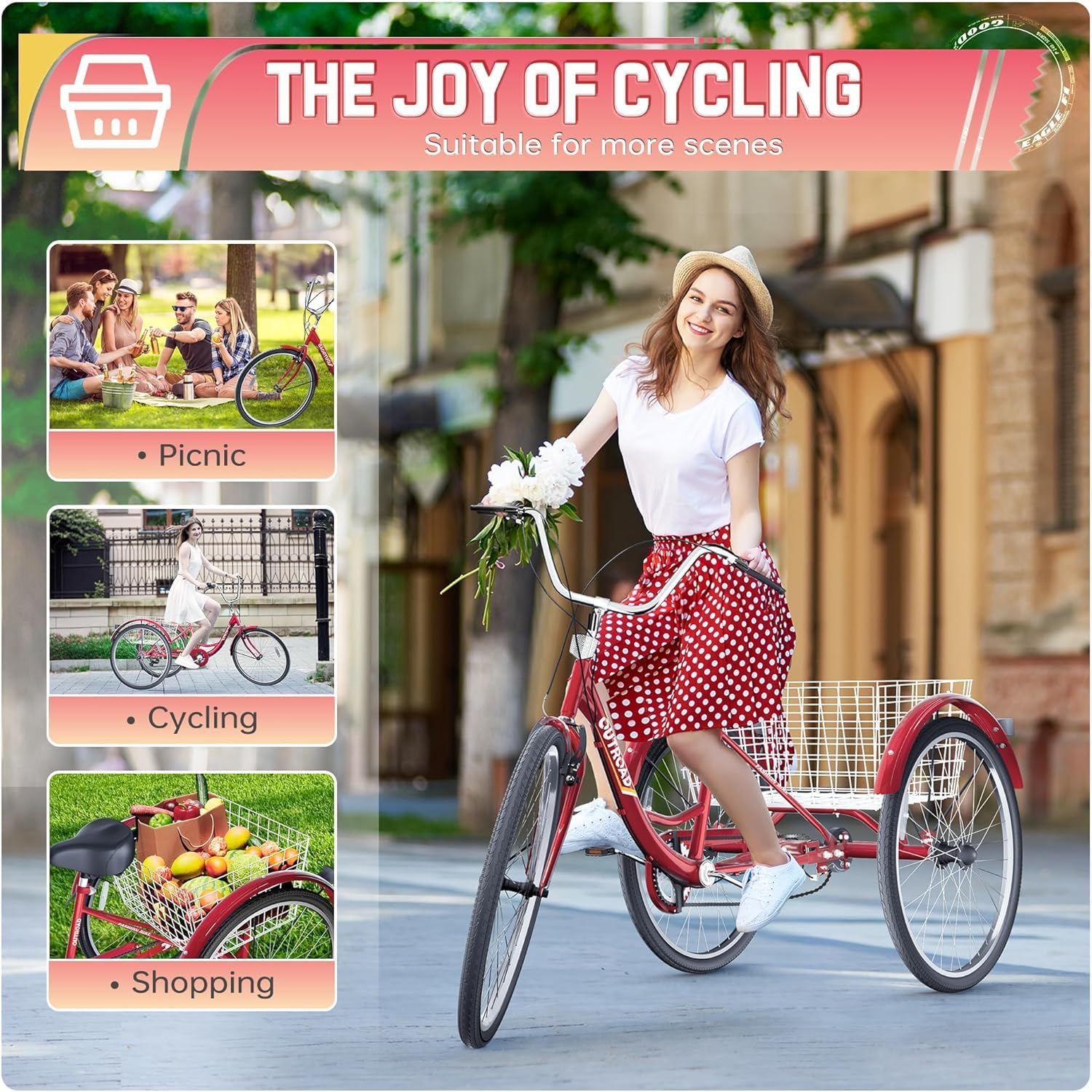 1 Speed Adult Tricycle, 24/26 inch Cruiser Trike with Large Basket for Women Men Seniors, 3 Wheel Bike for Outdoor, Shopping, Recreation, Picnic (Red/Blue/Purple)