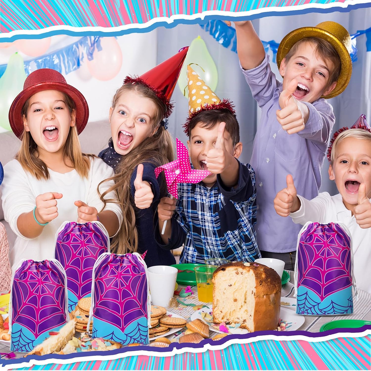 Lzuhoa 24 Pcs Spider Party Favors Gift Bags Drawstring Party Bags, Spider Birthday Decorations Purple Blue Birthday Party Favor Bags Goodie Bags for Themed Birthdayy Party Christmas Halloween - Image 5