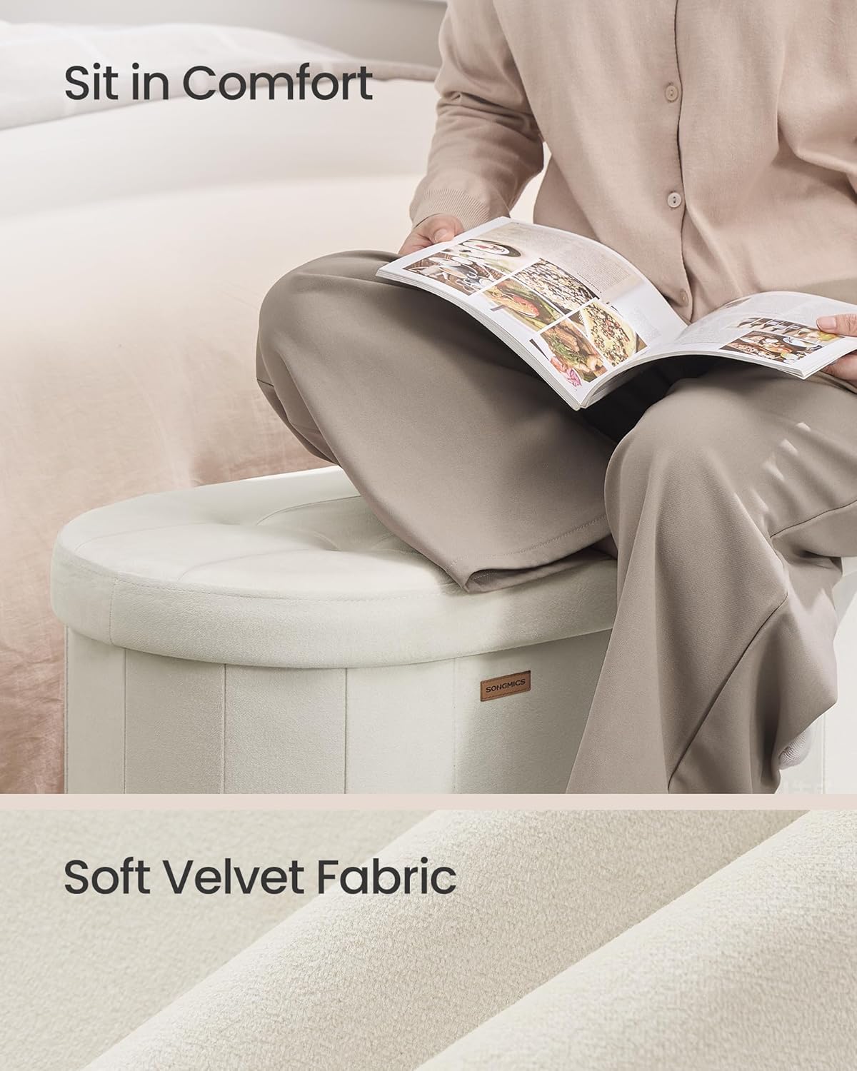 SONGMICS Mazie Collection - Folding Ottoman with Storage, Oval Storage Ottoman Bench, for Living Room, Bedroom, Velvet Fabric, 15 x 30 x 15 Inches, Cream White ULSF267LH01 - Image 7