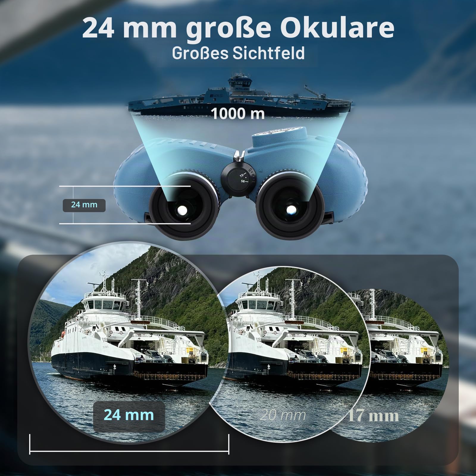 10x50 Marine Fernglas mit beleuchtetem Entfernungsmesser und Kompass, IPX7 wasserdicht, BAK4-Prismen, inklusive Trageriemen und Tragetasche (Blue)