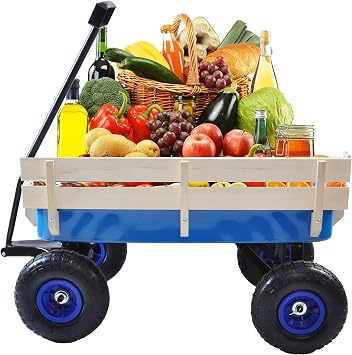 Heavy Duty Garden Wagon Cart with Removable Wooden Side Panels,Steel Utility Wagon with 10" All-Terrain Pneumatic Tires,Foldable Handle for Gardening and Yard Work,176 lb Capacity Pink-10 Blue