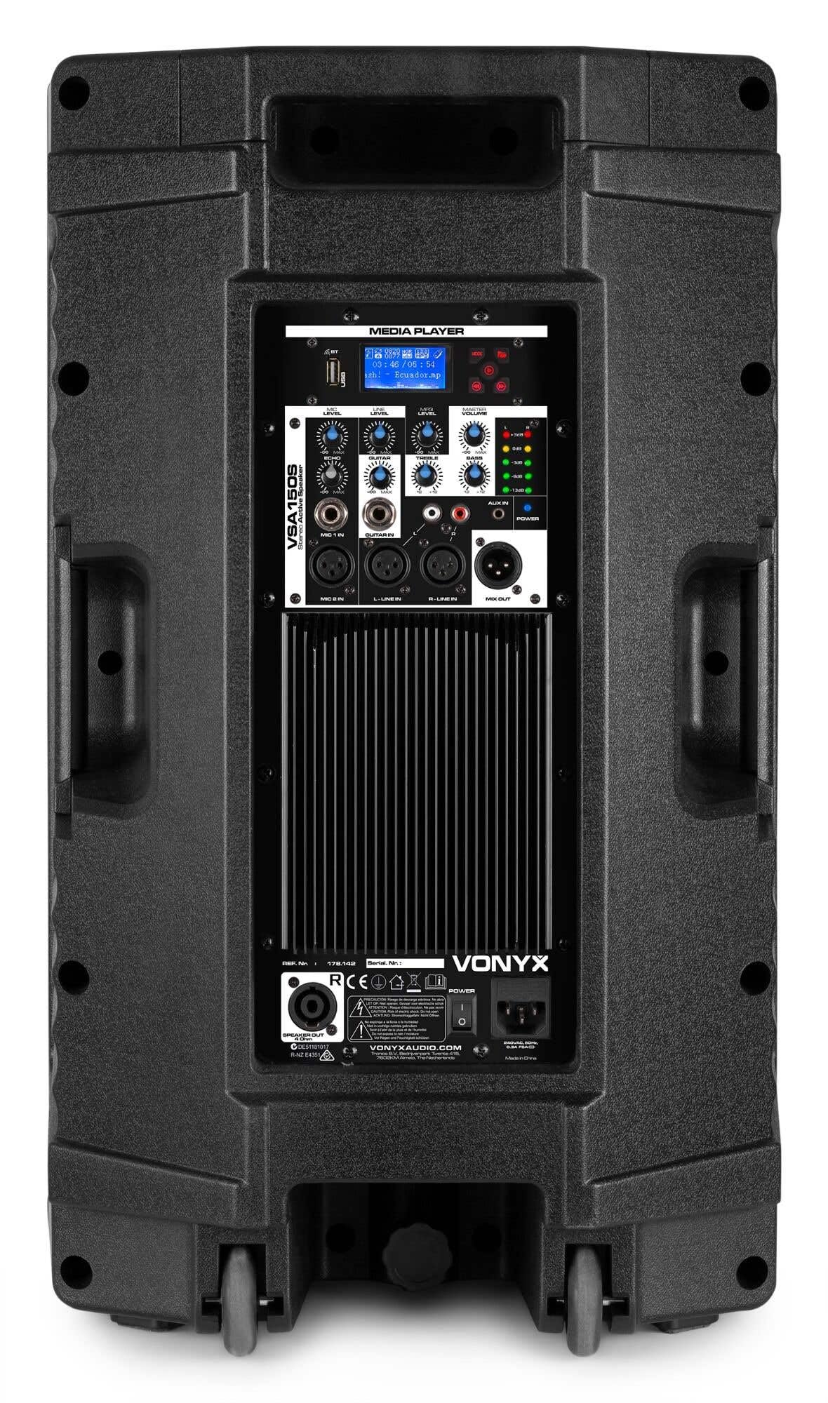 Vonyx VSA150S Pack Altavoces Activos Bluetooth 15 Pulgadas 1000W con 2 Soportes Regulables y Bolsa Cable Jack 3,5 mm a 2 RCA Equipo DJ para Eventos Fiestas Karaoke actuaciones y presentaciones