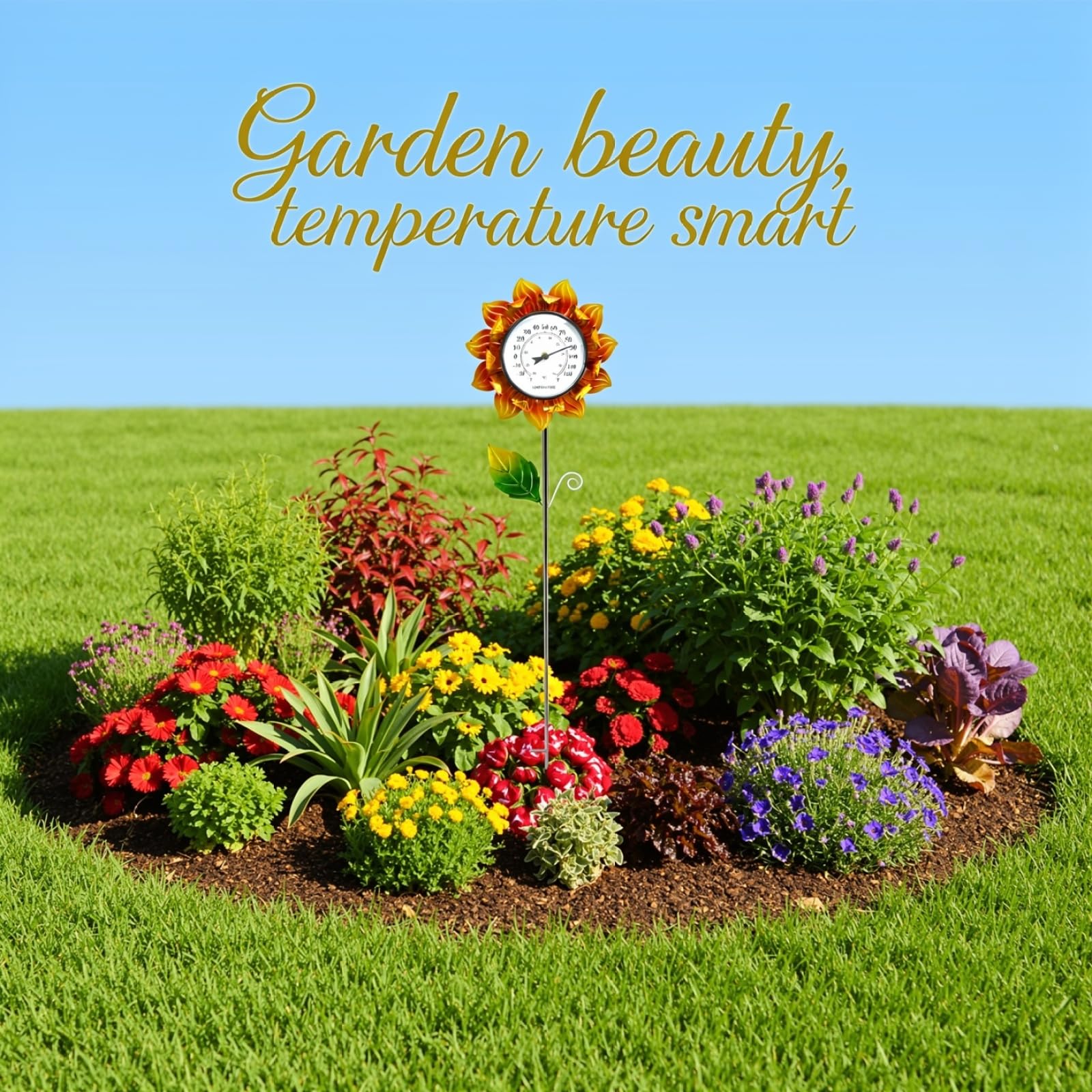 Sonnenblumen Thermometer Garten Deko, 102 cm Metallblume mit Erdspieß, eiserner Temperaturmesser in Sonnenblumenform für Terrasse, Rasen, Blumenbeet und Hof, dekorativer Gartenstab