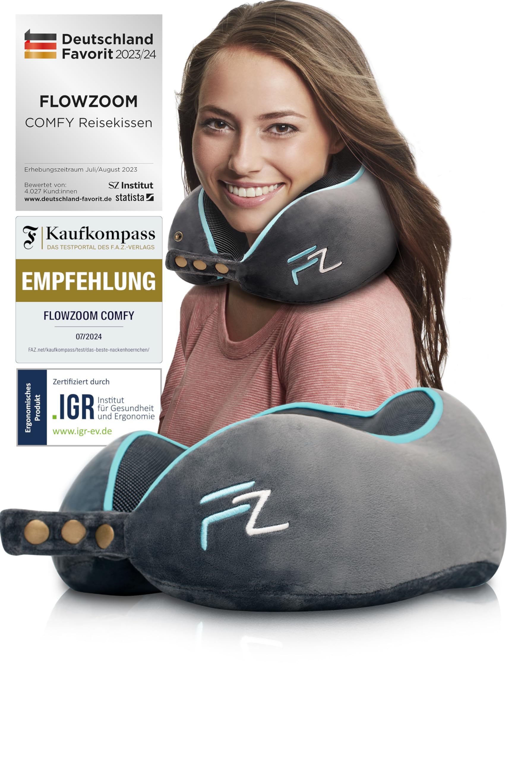 FLOWZOOM Comfy Nackenkissen Flugzeug & Auto - Einstellbares Memory Foam Reisekissen mit flexiblen Druckknöpfen für 360° Stütze, atmungsaktiver weicher Bezug - inkl. Transportbeutel - Grau