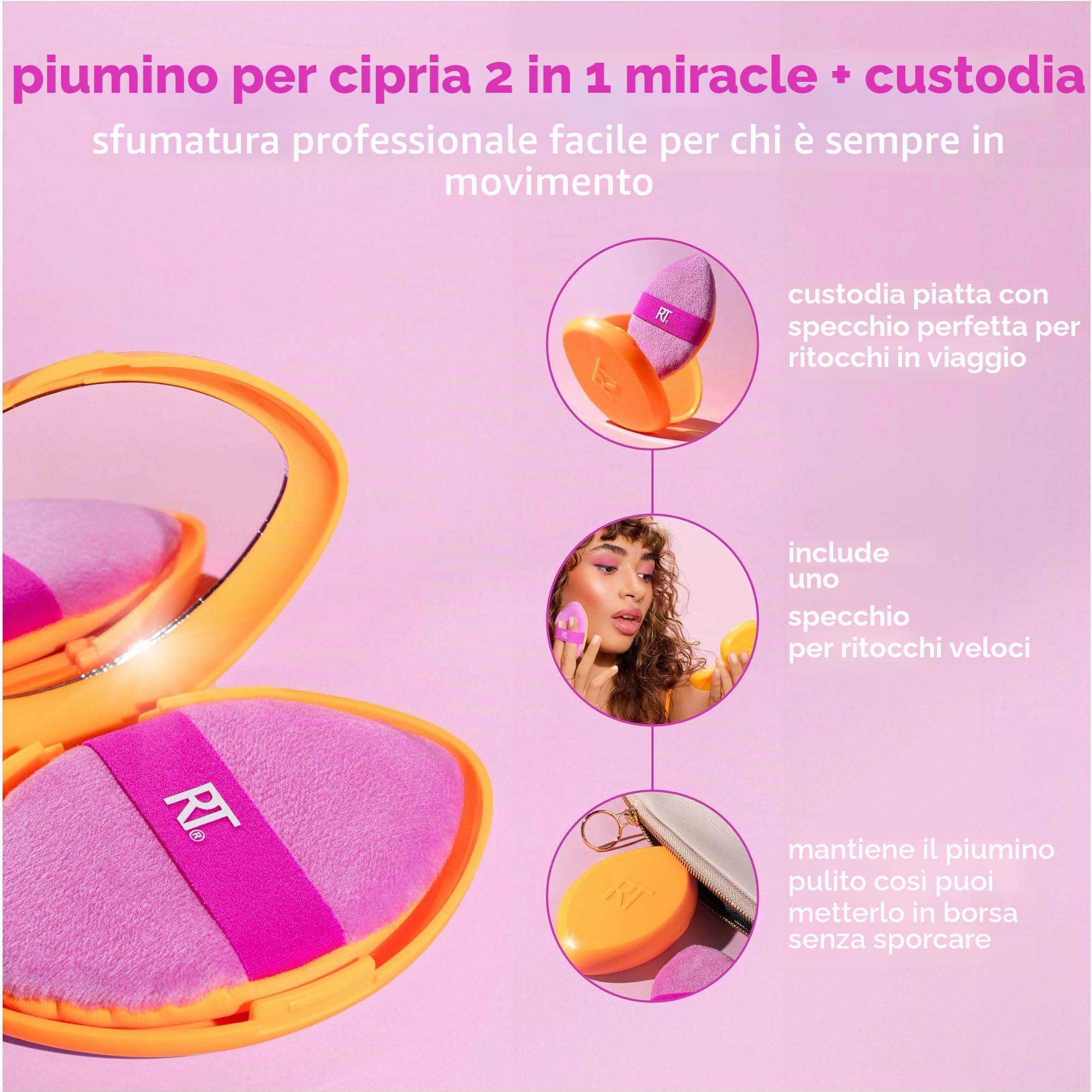 Real Techniques Miracle Puff+custodia da viaggio 2-in-1, per miscelare il trucco su entrambi i lati, fascia elastica, 2 pezzi