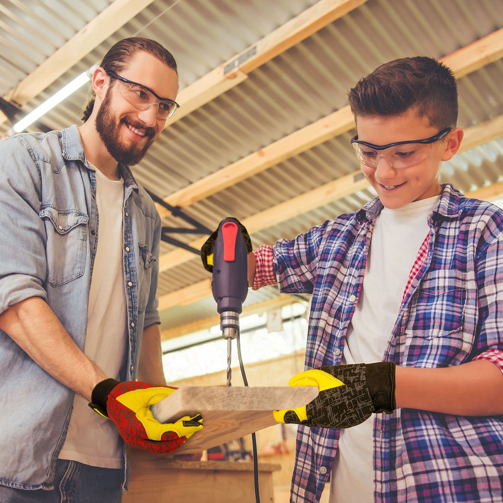 Gants de travail en cuir véritable pour enfants, gants de sécurité, écran tactile, design réfléchissant, respirant, pour enfants de 3 à 12 ans (L, noir)