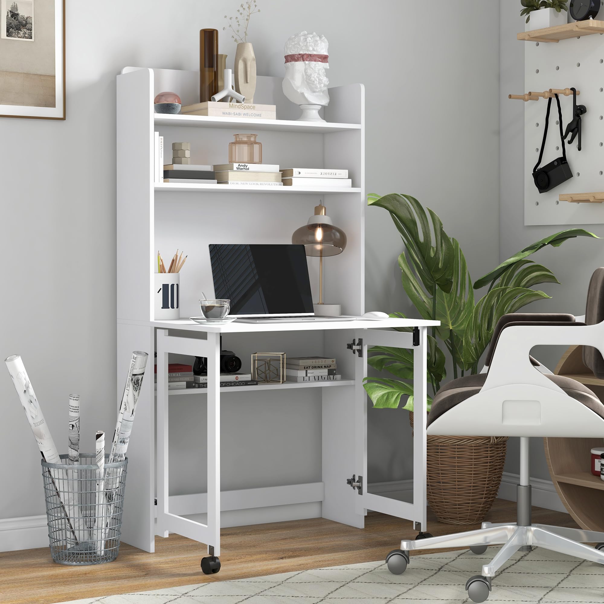 HOMCOM Scrivania con Libreria, Piano Pieghevole, 80x69x155 cm, Bianco | 2 Ruote e 4 Ripiani, Scrivania Salvaspazio Moderna con Foro Passacavi, Tavolo per Computer, Casa Ufficio Studio