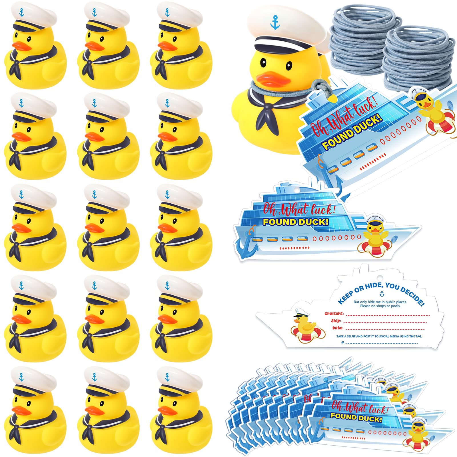 Lenwen 60 Pcs Duck Tag Cruise Kit Includes 20 Pcs Mini Rubber Ducks 20 Sheets Cruise Tag Card 20 Elastic Rubber Bands for Carnival Game Rewards(Yellow