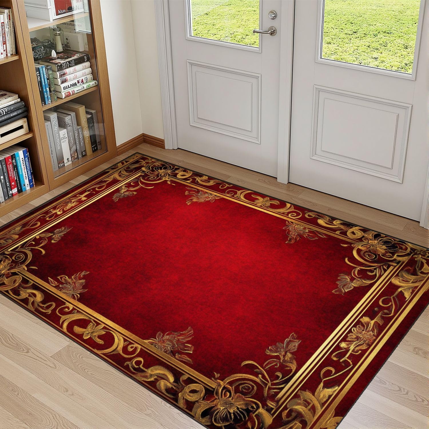 32"x 48" Boho Area Rugs red Abstract Pattern Chinese Style Gold Decoration Washable Low Pile Carpet Non Slip Floor Mat Soft for Living Room Bedroom