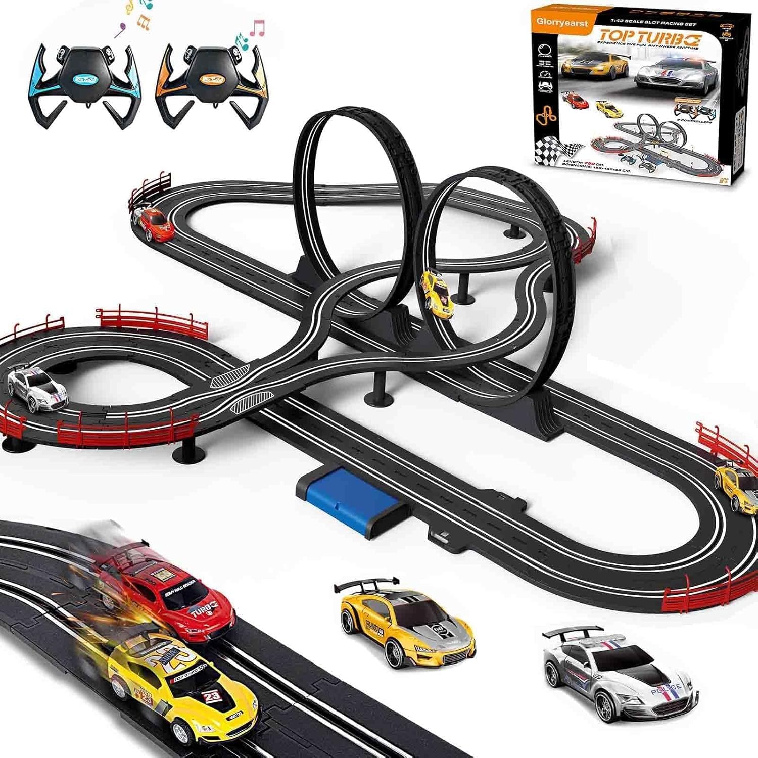 EXOMOON Electric High-Speed Slot Car Race Car Track Sets 1:43 Scale 2 Slot Cars and 2 Hand Controllers with Headlights and Dual Racing,Toys Gifts (790 cm) 3