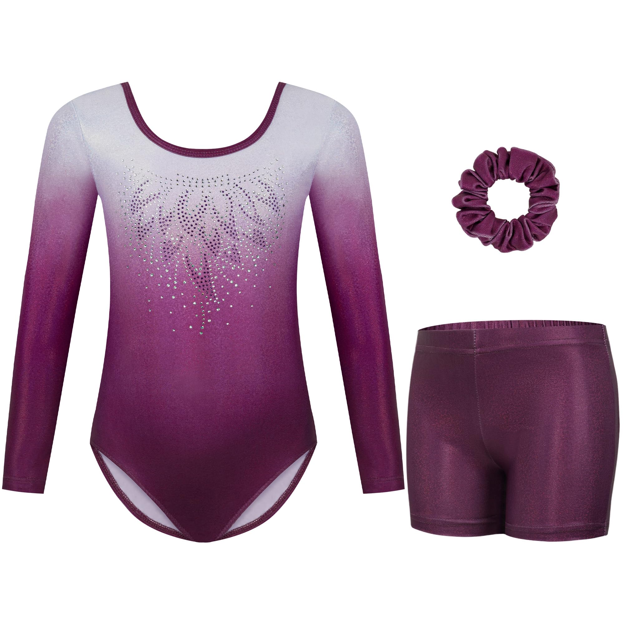 Gogokids Maillots De Gymnastique Trois Pièces Pour Filles, Ensemble De Gymnastique à Manches Longues Avec Short Et Bandeau, Justaucorps De Danse Brillant Avec Design De Couleur Dégradée Pour 3-4 Ans